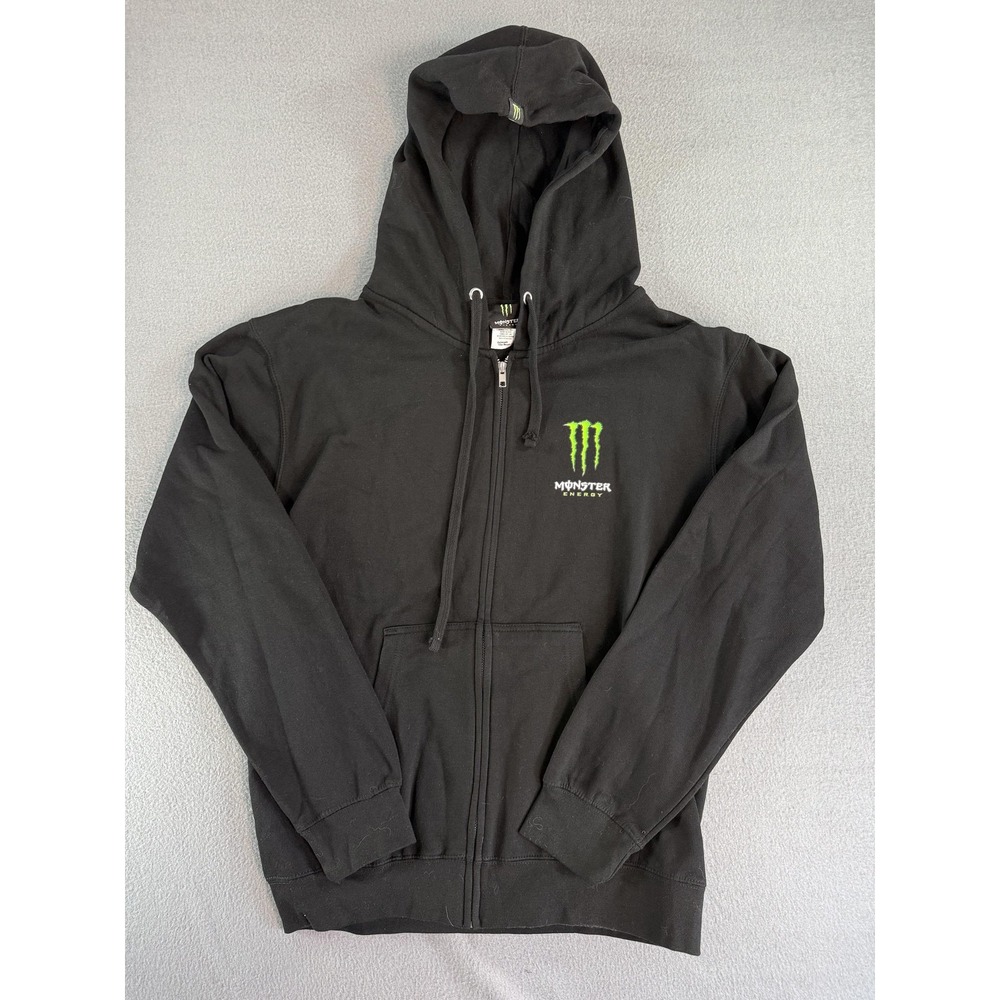 Monster Energy Hoodie Mens Large Black Full Zip Fleece Graphic Logo Sweatshirt